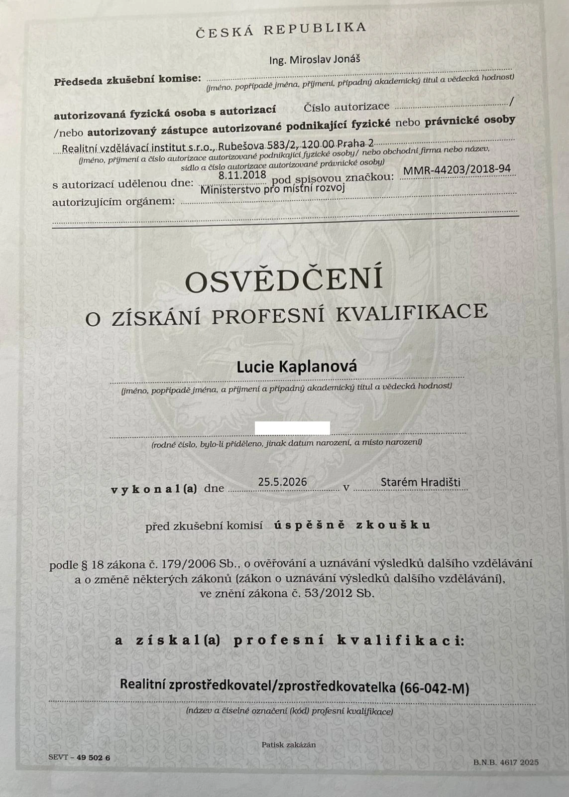 Osvědčení realitní zprostředkovatelky Lucie Kaplanové